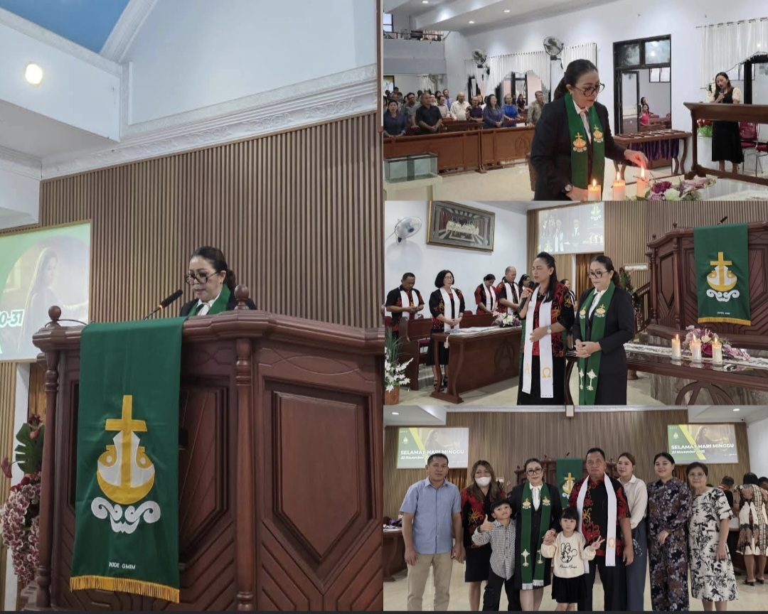 TUNAIKAN PELAYANAN: Pnt Martina Lengkong menjadi khadim pada ibadah minggu di GMIM Petra Sawangan, Minggu (23/11/2025).