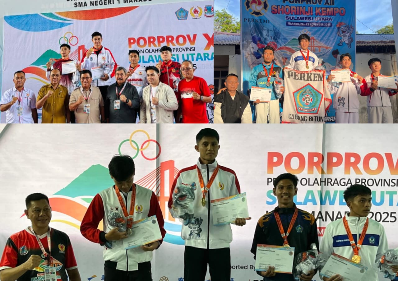 Tiga anggota Polres Bitung peraih medali emas pada ajang Porprov XII Sulut 2025.(Dok Istimewa)