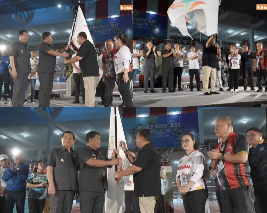 SERAHKAN: Gubernur Yulius menyerahkan bendera Porprov ke Bupati Minahasa didampingi Wabup Vasung, dan Ketua KONI Robby Longkutoy, Senin (24/11/2025).