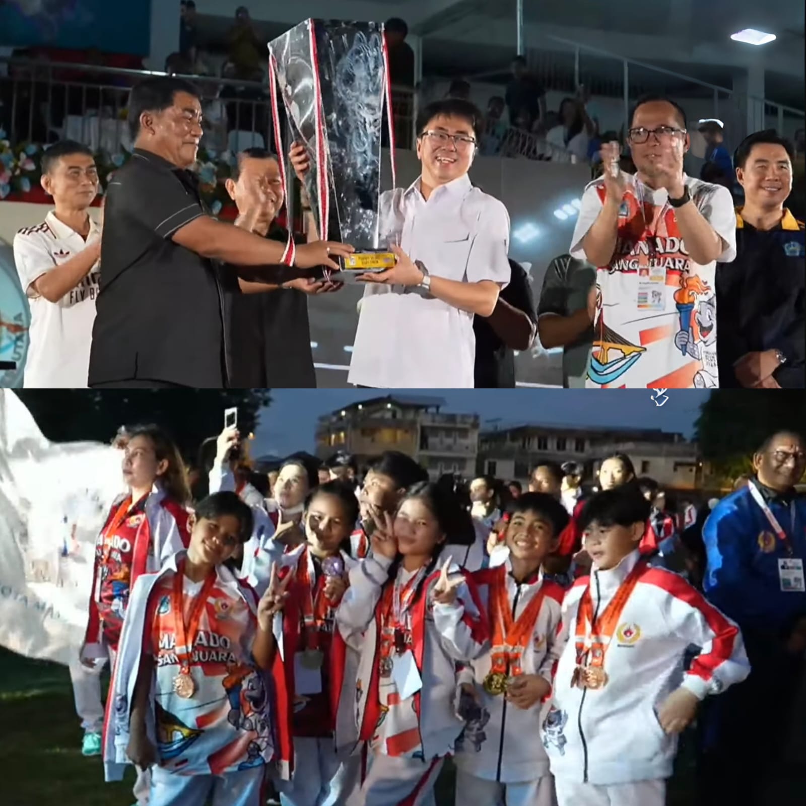 Wali Kota Manado Andrei Angouw menerima piala juara umum Porprov XII 2025 dari Gubernur Sulut Yulius Selvanus dalam acara closing ceremony, Senin (24/11) di Stadion Klabat.