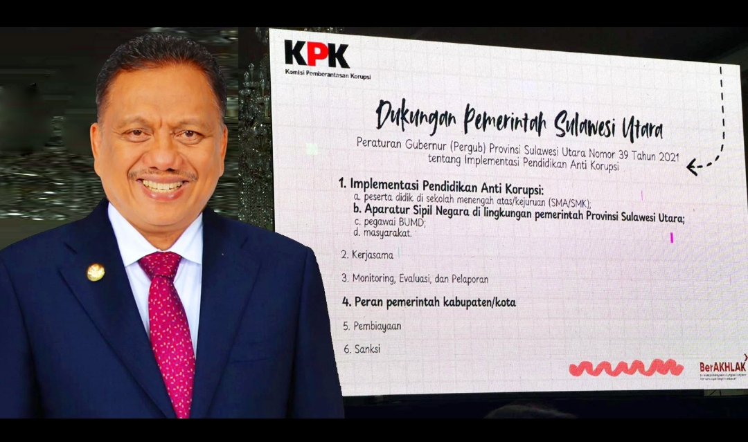 KPK Apresiasi Pemprov Sulut Atas Pergub Nomor 39 Tahun 2021 Tentang Implementasi Pendidikan Anti Korupsi. Pergub itu dibuat di masa kepemimpinan Olly Dondokambey