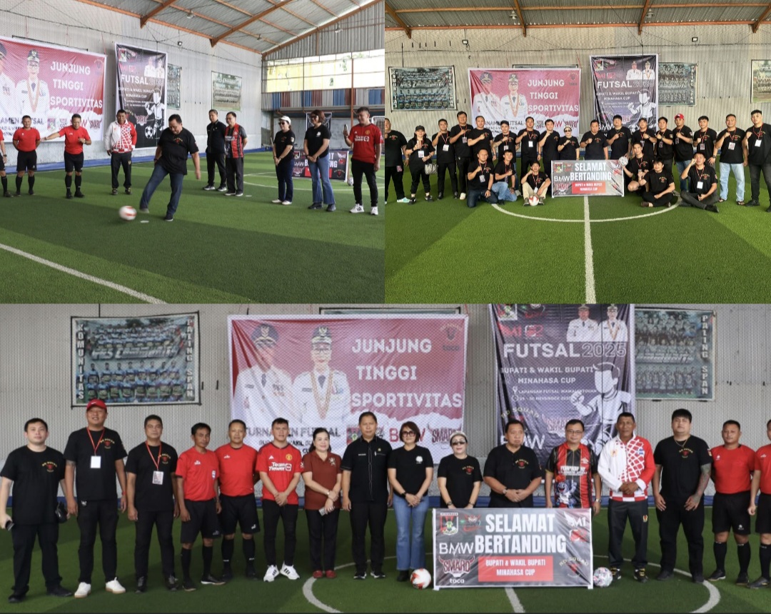 RESMI DIBUKA: Bupati Minahasa Robby Dondokambey didampingi Ketua TP PKK Martina Lengkong membuka Turnamen Futsal Bupati dan Wakil Bupati Cup.