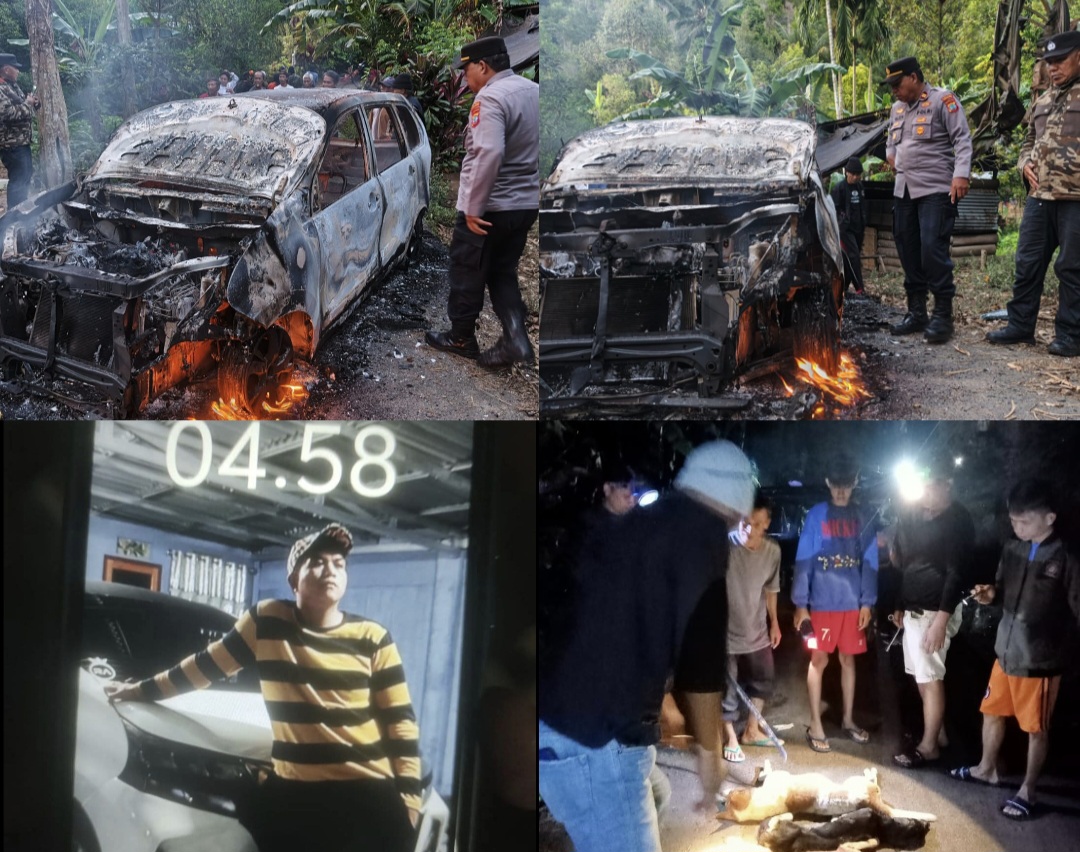 DIBAKAR: Mobil diduga milik pelaku doger anjing dibakar masa di Desa Tulap, Kombi, Minahasa, Minggu (30/11/2025) dini hari.