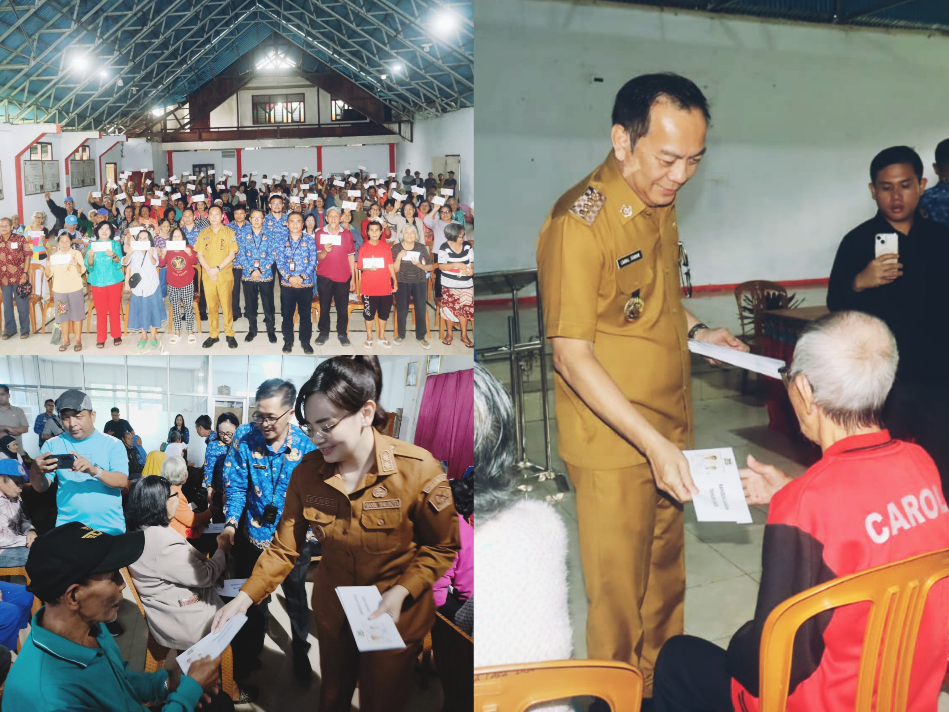 Suasana pelaksanaan penyaluran bantuan sosial kepada para lansia, diserahkan langsung oleh Wali Kota Caroll Senduk dan Wakil Wali Kota Sendy Rumajar. Dok istimewa