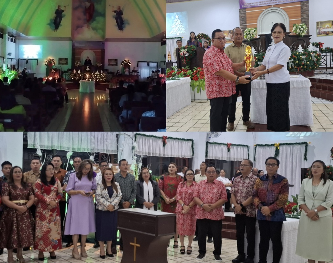 BERSYUKUR: Bupati dan Ketua TP PKK bersama jajaran hadir pada ibadah pra natal pelsus wilayah Kembes, Senin (1/12/2025).