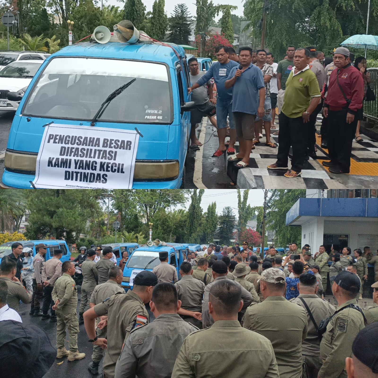 Sejumlah sopir angkutan umum melakukan aksi di kompleks Kantor Wali Kota Manado, Senin (1/12).