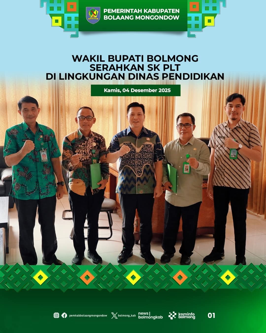 Wakil Bupati Dony Lumenta saat memberikan SK Plt di Dinas Pendidikan