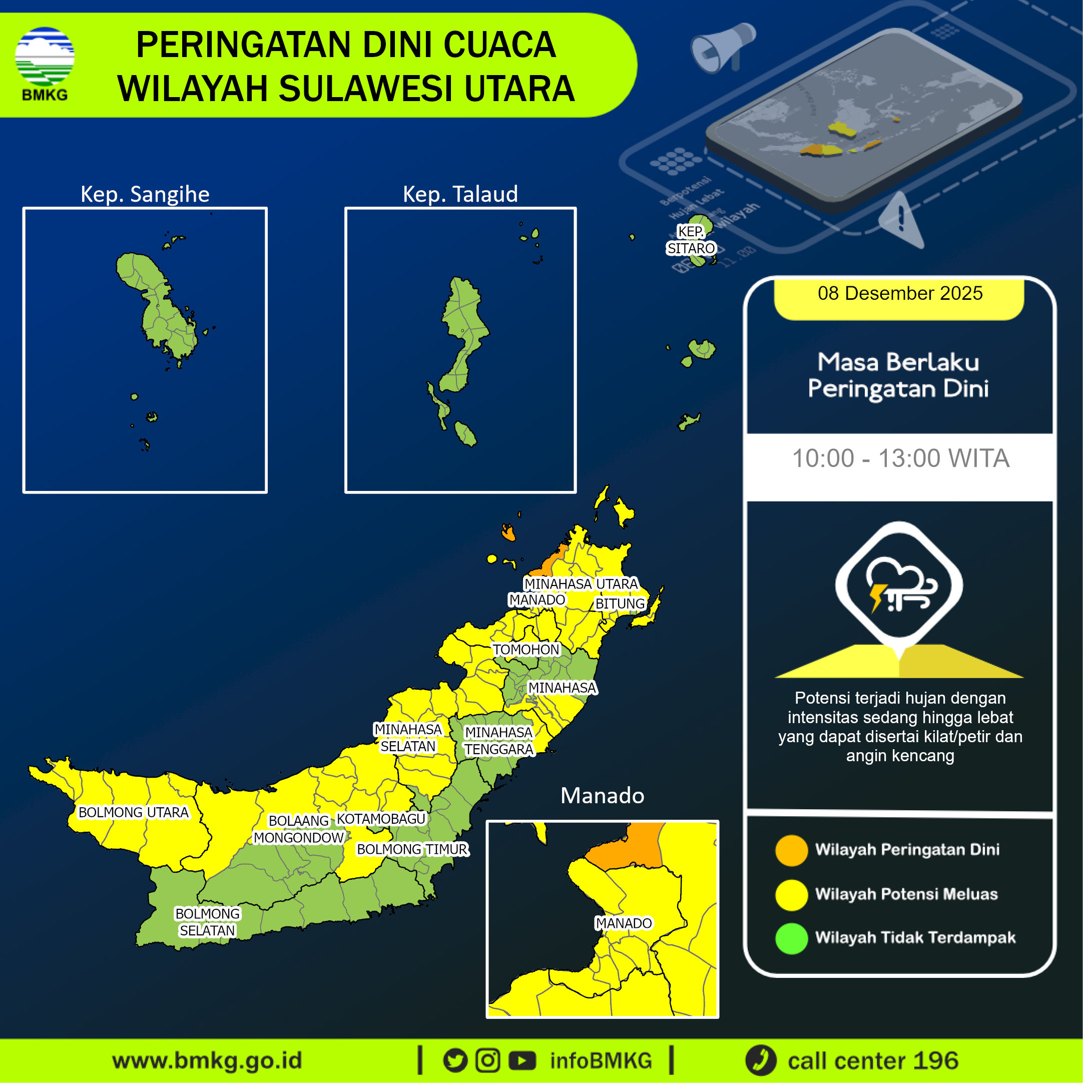 Peringatan dini hujan sedang hingga lebat yang dapat disertai petir dan angin kencang di wilayah Sulawesi Utara