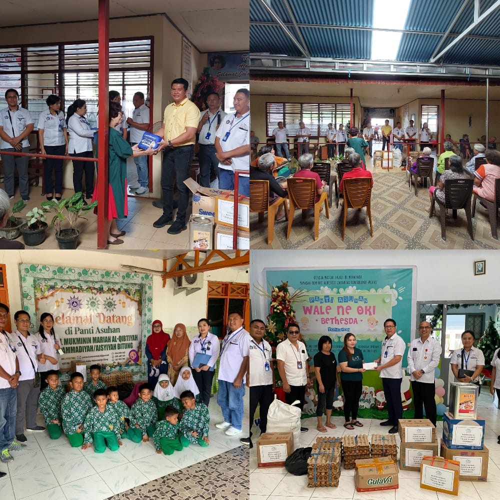 Direktur Perumda Air Minum Duasudara Bitung Alfred Salindedo bersama jajaran saat menyerahkan bantuan sosial.(Dok Istimewa)