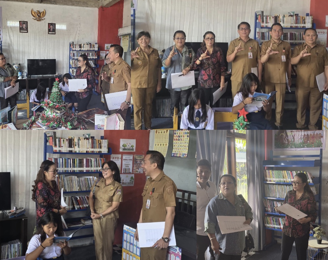 NILAI: Bunda Literasi Minahasa Martina Lengkong menilai perpustakaan desa dan kelurahan di Minahasa, Selasa (16/12/2025).