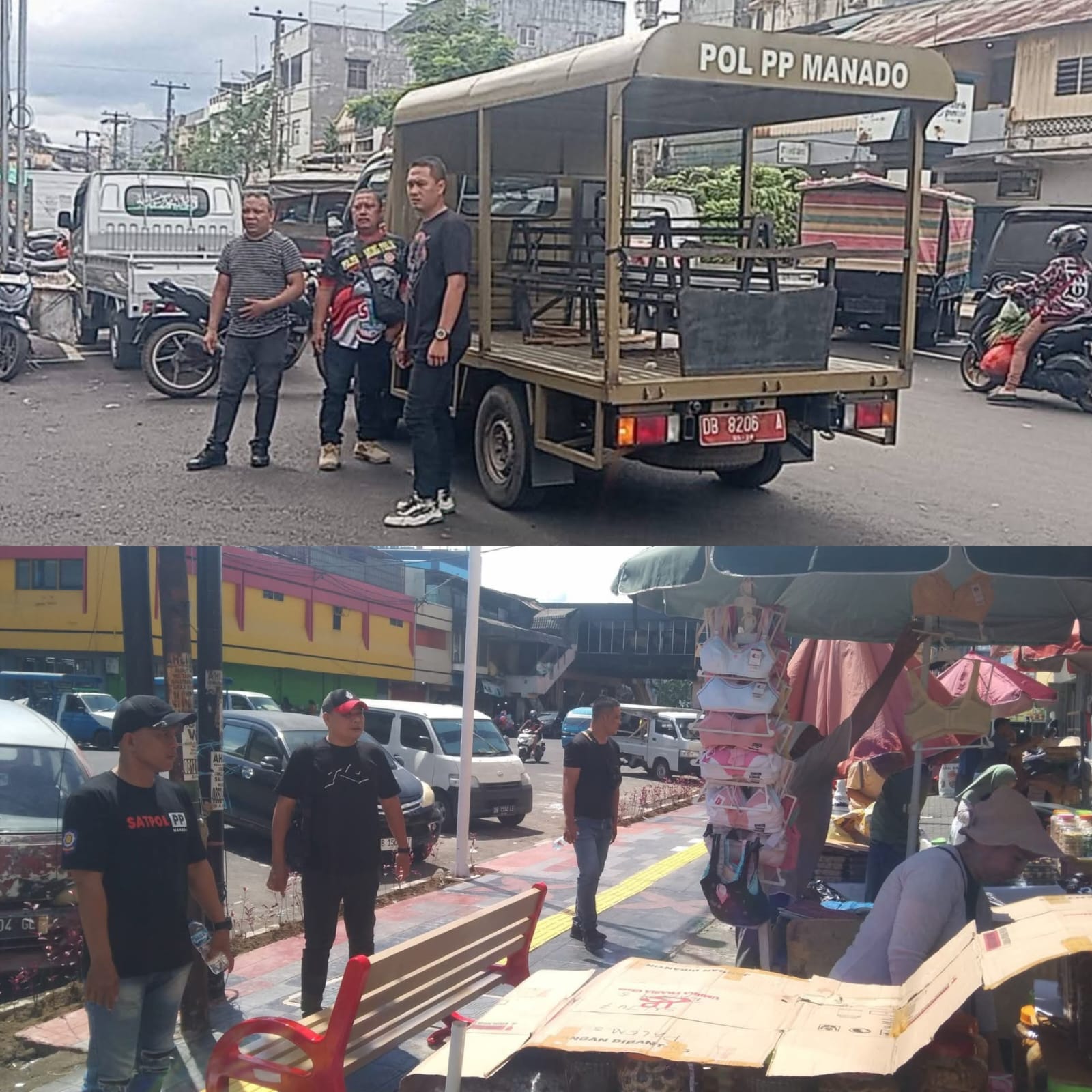 Personel Sat Pol PP saat melakukan pengawasan dan pengamanan di salah satu pusat keramaian di Kota Manado.