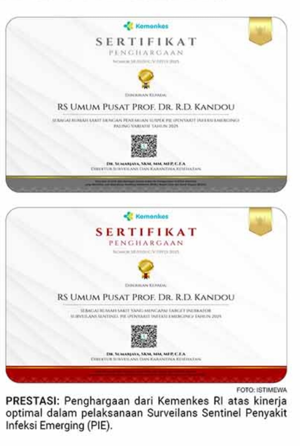 Penghargaan dari Kementerian Kesehatan.