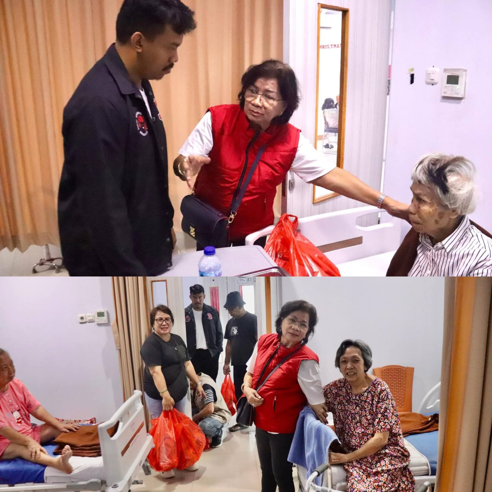 Ketua DPRD Manado saat memberikan bantuan kepada lanjut usia yang menjadi korban kebakaran Panti Werdha Damai Ranomuut yang sedang dirawat di RSUD.
