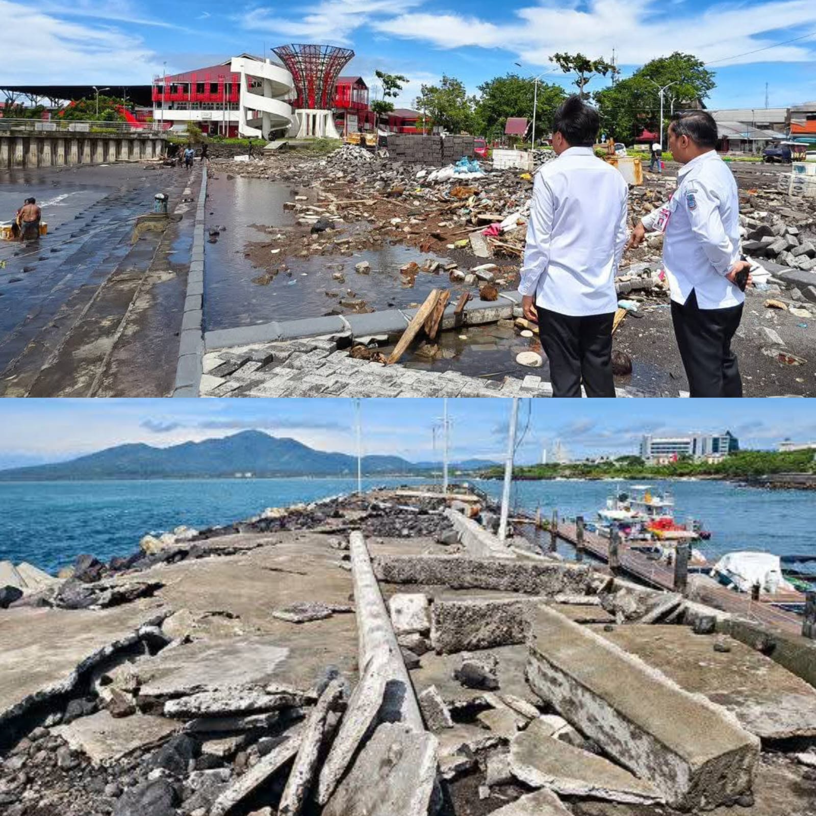 Wali Kota dan Sekkot saat melihat kondisi di kompleks Dermaga Kalimas dan Manado Bay yang diterjang ombak, Rabu (7/1).