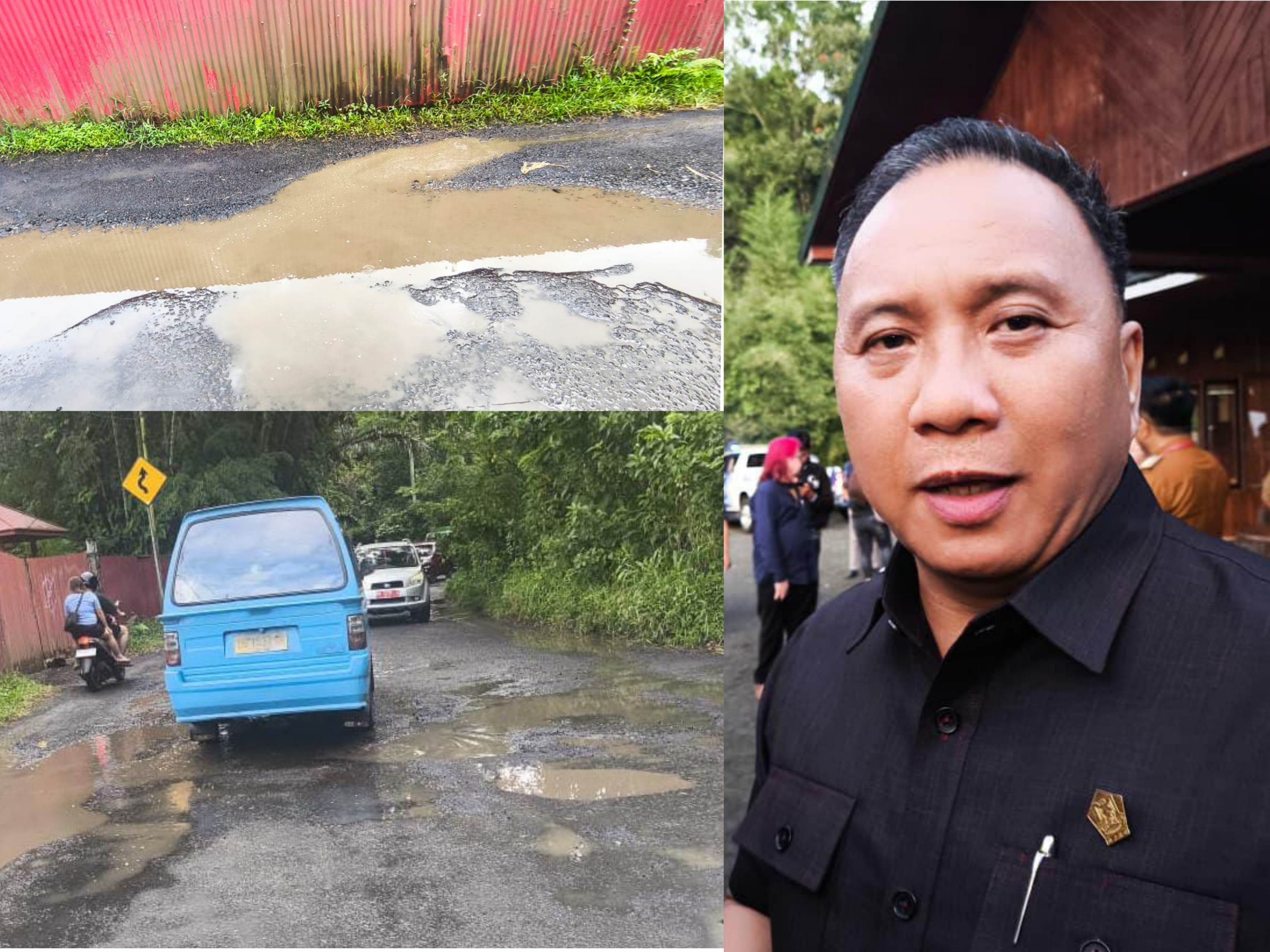 RUSAK PARAH: Tampak kondisi jalan di Kelurahan Kamasi, bentangan ruas jalan Tomohon-Tanawangko sudah sangat memprihatinkan, insert foto Ketua DPRD Kota Tomohon Ferdinand Mono Turang SSos. Dok istimewa