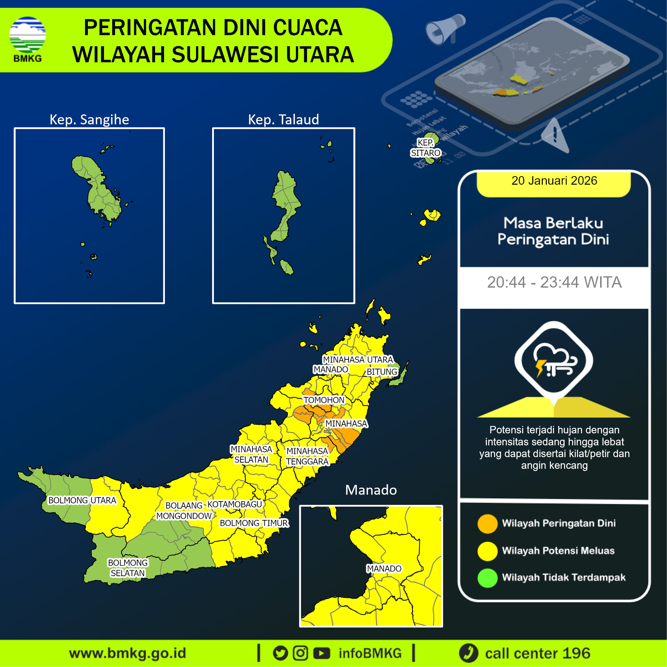 Peringatan dini cuaca wilayah Sulawesi Utara malam ini