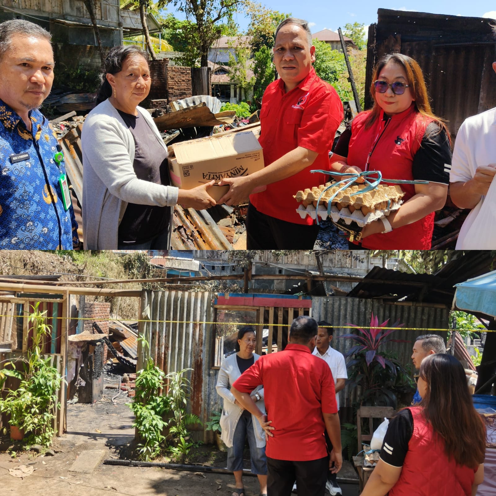 DPC PDI Perjuangan Kota Manado saat menyalurkan bantuan kepada warga yang terkena musibah kebakaran di Kelurahan Bumi Nyiur