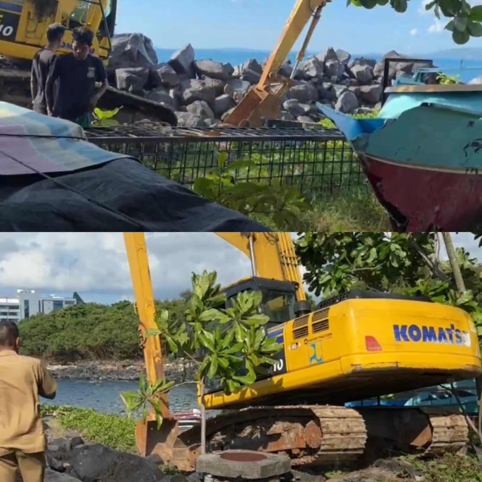 Proses menurunkan kerangkeng atau kandang jebak untuk menangkap Buaya di perairan Kota Manado, tepatnya di Kawasan Mega Mas, Selasa (3/2).