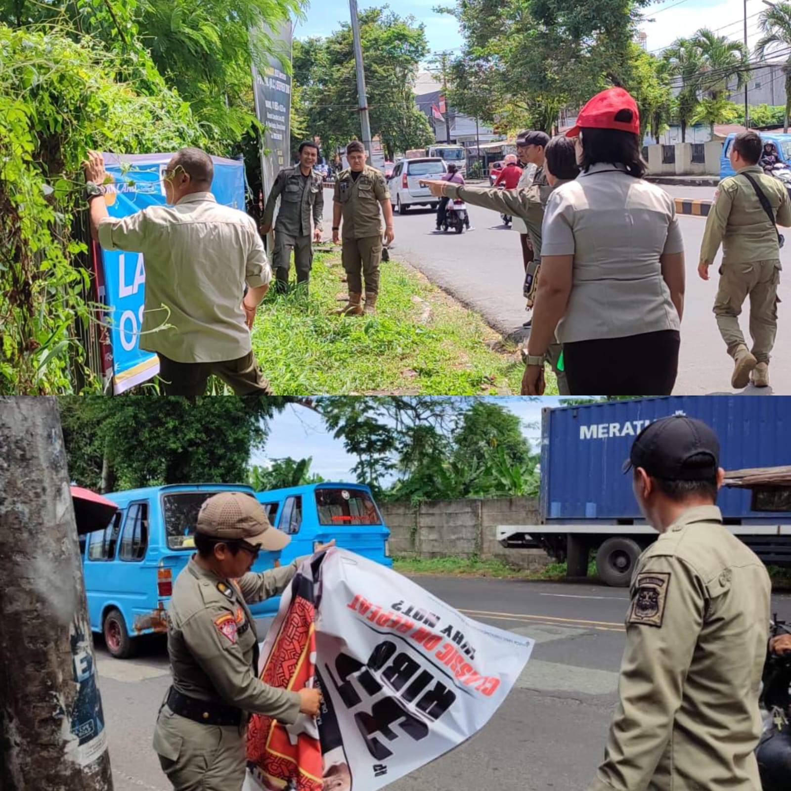 TEGAS: Penertiban baliho dan papan reklame di sejumlah titik di Kota Manado oleh tim gabungan Sat Pol PP, Bapenda dan Dinas PTSP, Kamis (5/2).