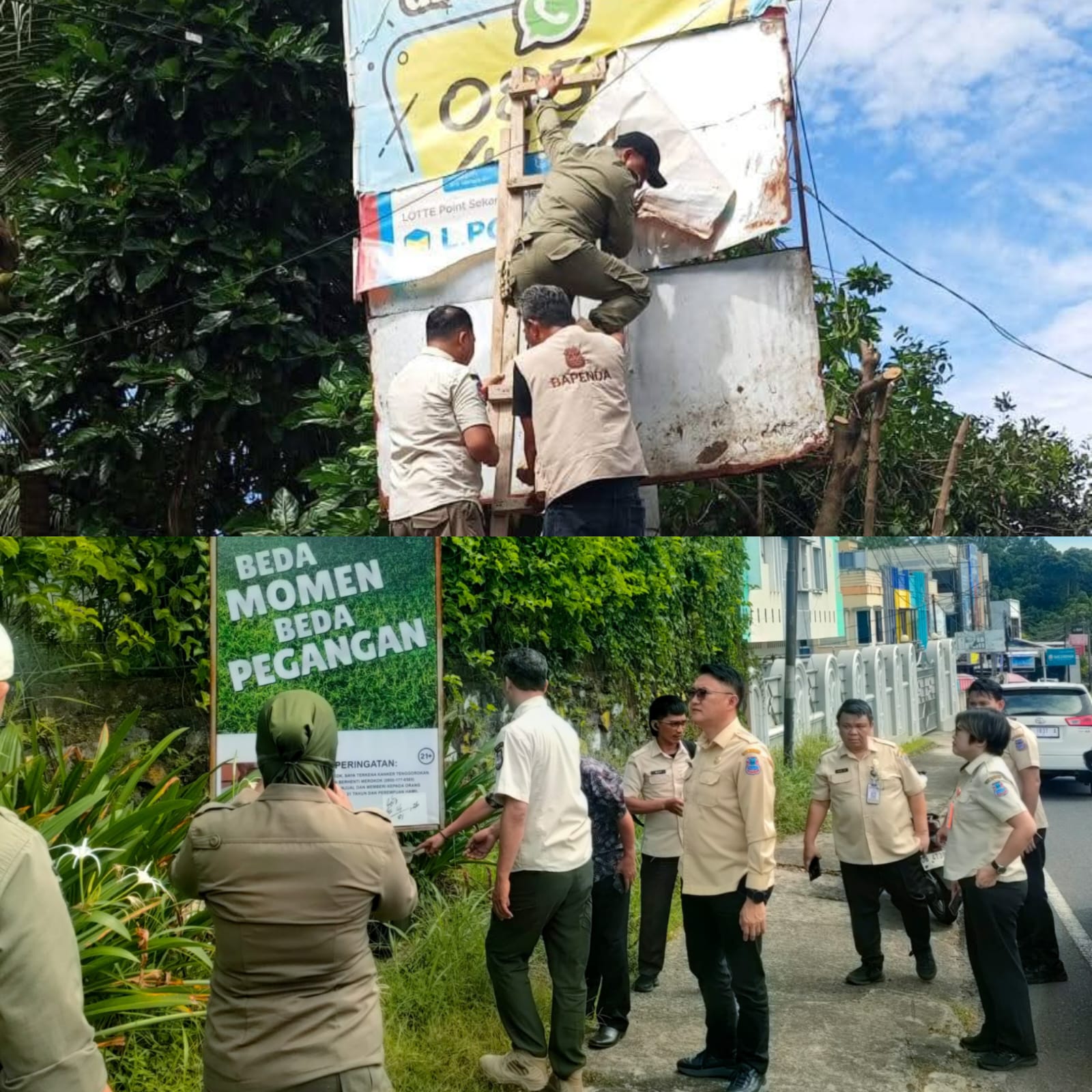 Penertiban papan reklame oleh tim gabungan Pemkot Manado di salah satu titik di Kota Manado, Kamis (5/2)