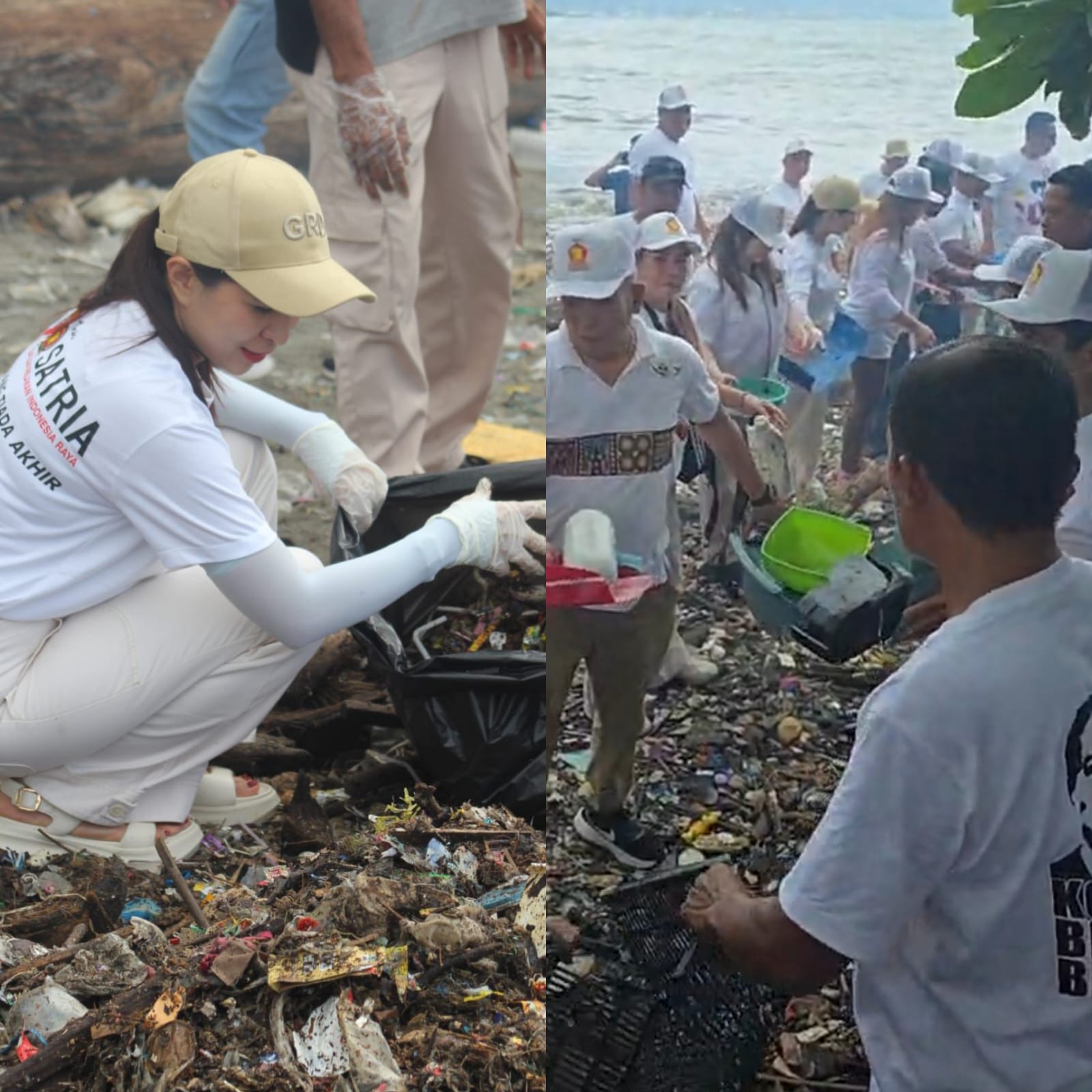 PEDULI: Wakil Ketua DPRD Kota Manado, Mona Kloer saat bersama kader Gerindra dalam aksi bersih-bersih sampah di Pantai Maasing, Tuminting, Kota Manado, Jumat (6/2).