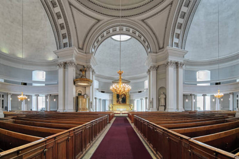 Helsinki, Finland - April 4, 2016: Interior of Helsinki Cathedral (St. Nicholas' Church). The cathedral was designed by Carl Ludvig Engel in the neoclassical style, later altered by Ernst Lohrmann, and built in 1830-1852.