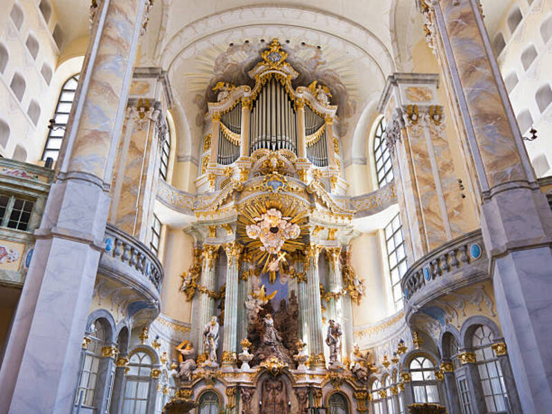 "Interior of famous Dresden Frauenkirche (Church of Our Lady). Neumarkt Square, Dresden, Saxony, Germany. The Church of Our Lady was built during the 18th century.The church is situated at the Neumarkt Square of the city of Dresden, Germany."