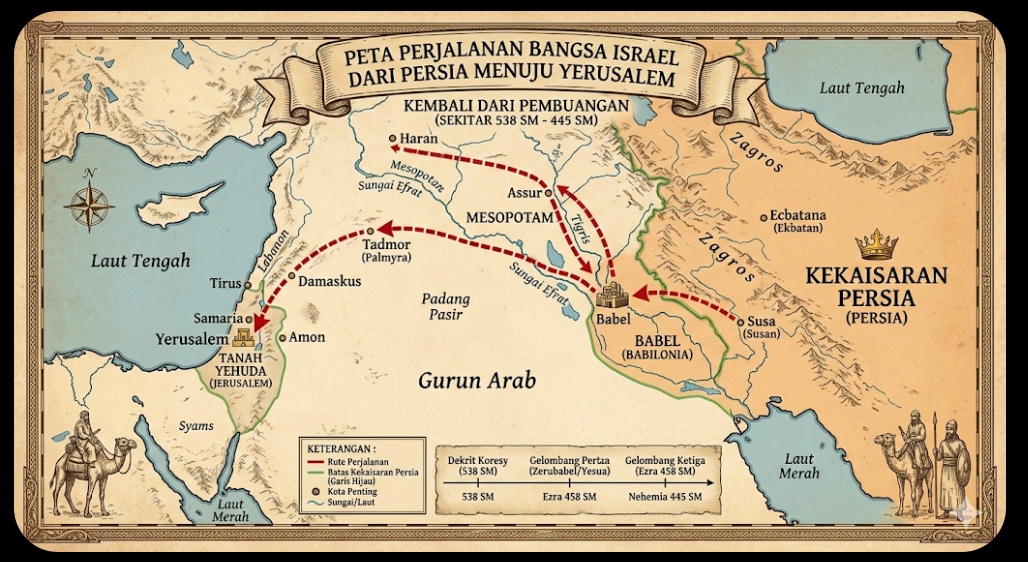 Rute petah pemulangan Bangsa Yehuda Israel dari Babel ke Yerusalem 