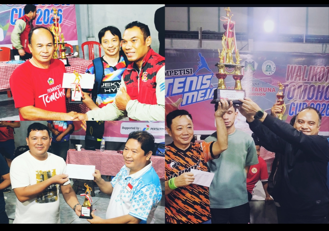 SUKSES: Penyerahan Hadiah dan Trophy bagi para pemenang di Turnamen Tenis Meja Wali Kota Tomohon Cup 2026 diserahkan langsung oleh Ketua Karang Taruna Oktavianus Mende. Dok Jul/MP