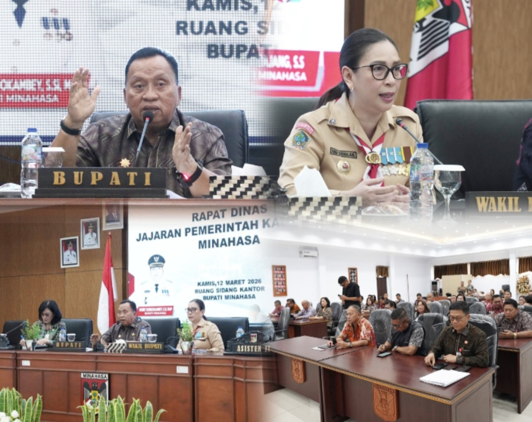 PIMPIN: Rapat Jajaran Pemkab Minahasa dipimpin Bupati Robby Dondokambey didampingi Wabup Vanda Sarundajang, Kamis (12/3/2026).