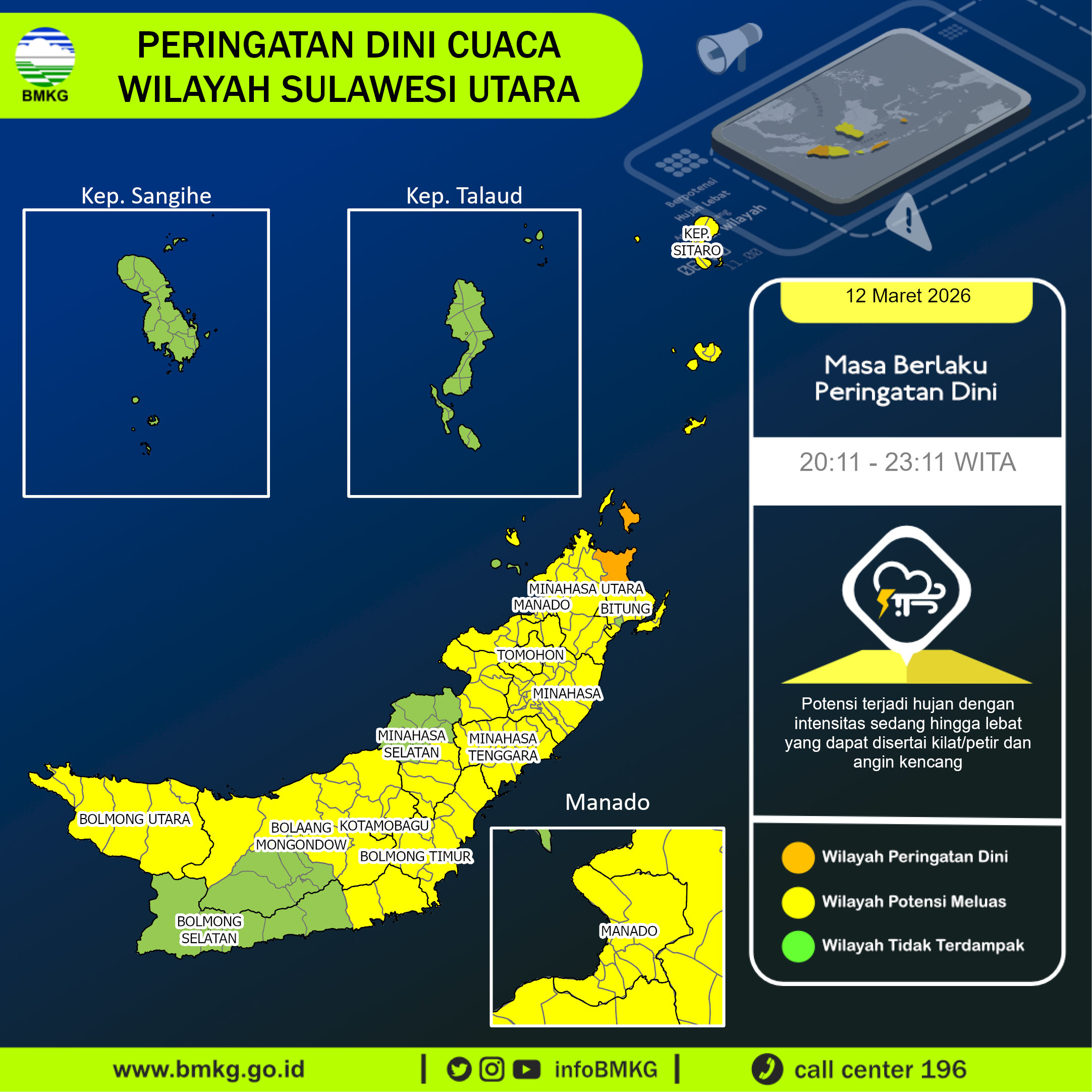 Peringatan dini hujan sedang hingga lebat yang dapat disertai petir dan angin kencang di wilayah Sulawesi Utara	