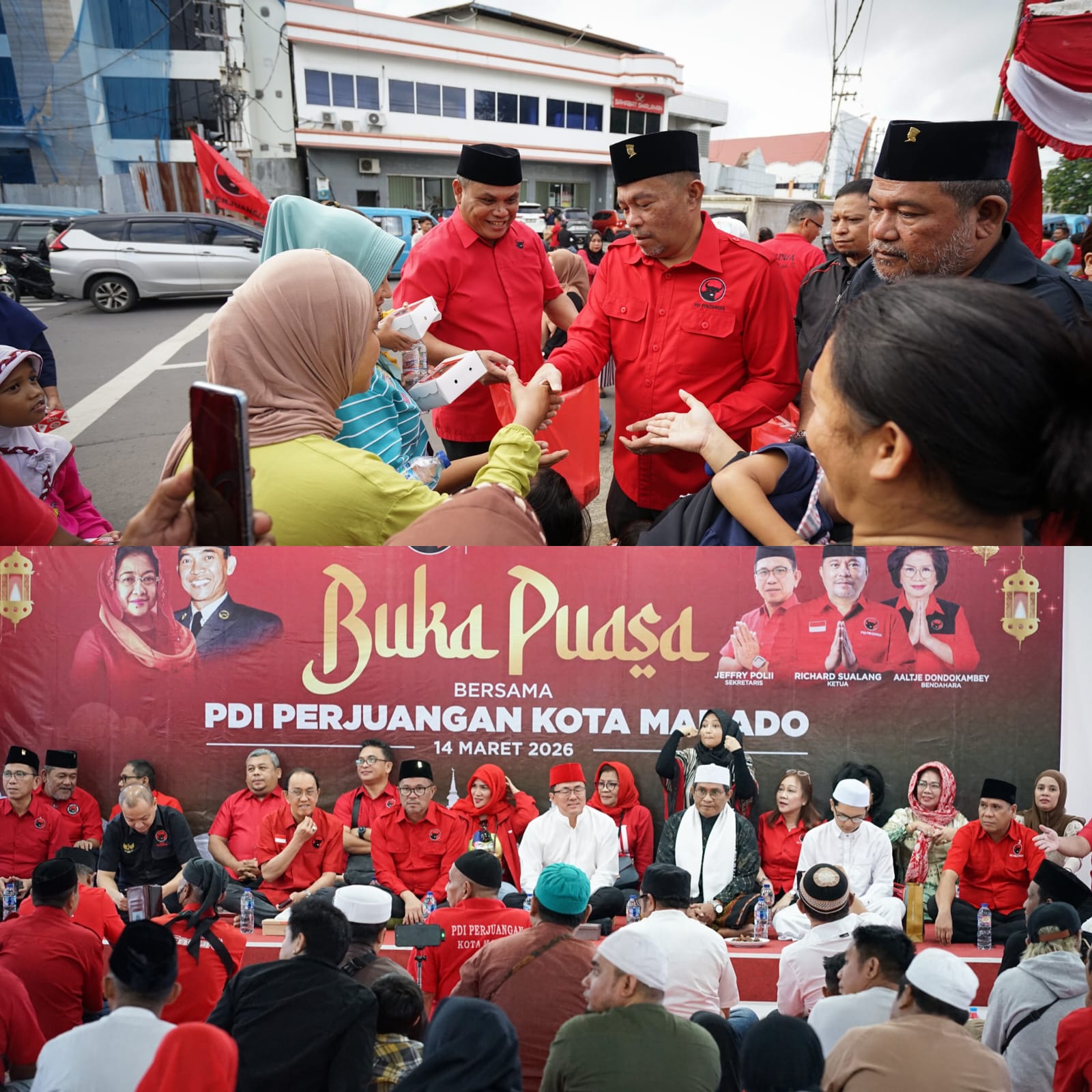 RUTIN: Bagi-bagi takjil oleh Ketua DPC PDIP Manado bersama jajaran di Kompleks Bundaran Paal Dua. Foto lain, kegiatan buka puasa bersama di Kantor DPC dengan umat muslim dan anak yatim.