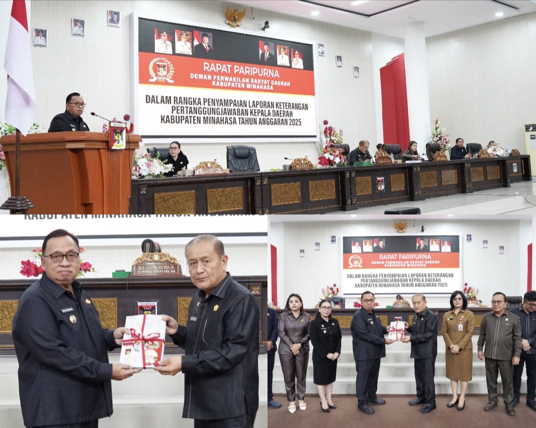 SERAHKAN: Bupati Robby Dondokambey didampingi Wabup Vanda Sarundajang dan Sekkab Lynda Watania, menyerahkan LKPJ ke Ketua DPRD Robby Longkutoy, Senin (16/3/2026).