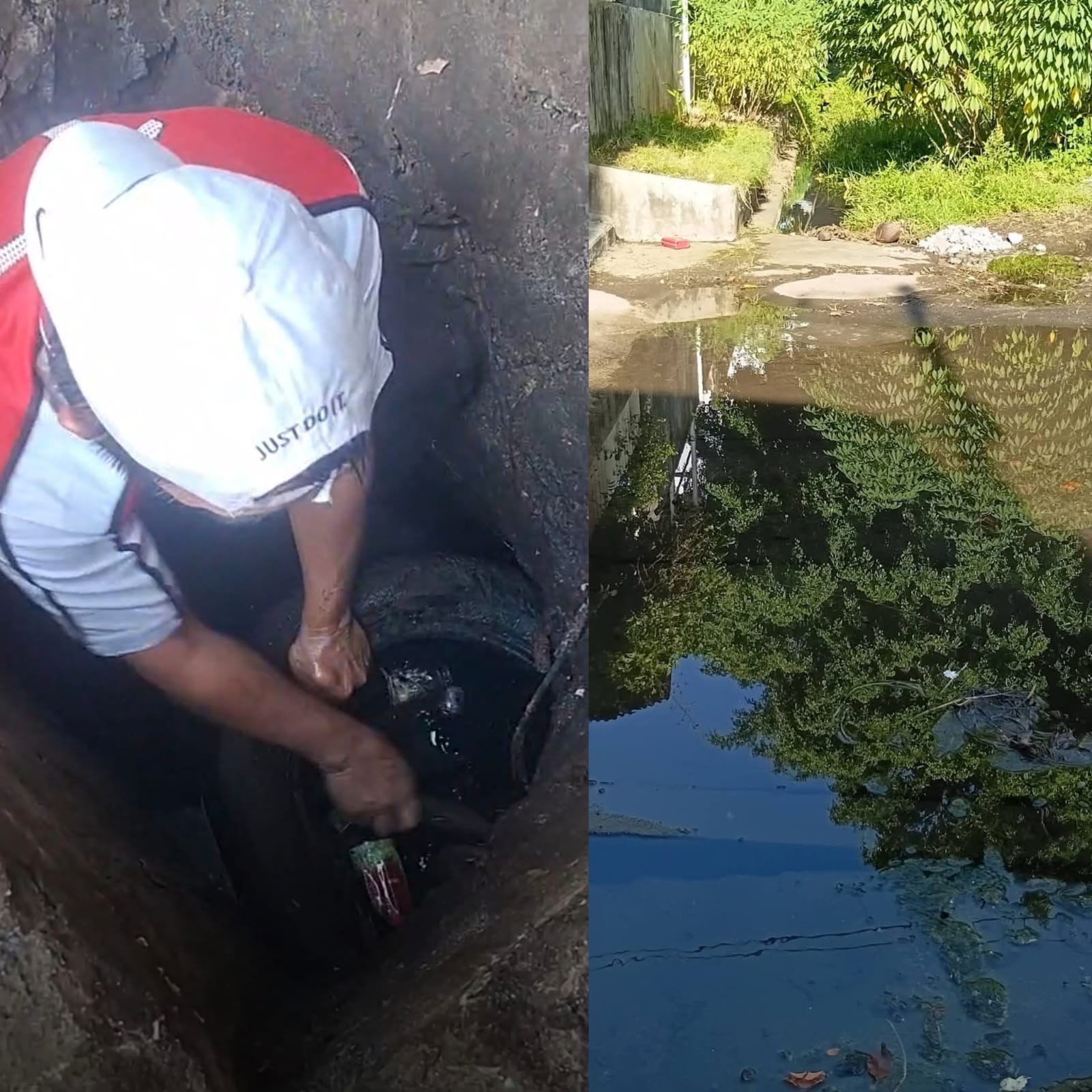 Tim gorong-gorong saat mendapati adanya sampah dan ban mobil yang menjadi penyebab saluran tersumbat hingga terjadi genangan.