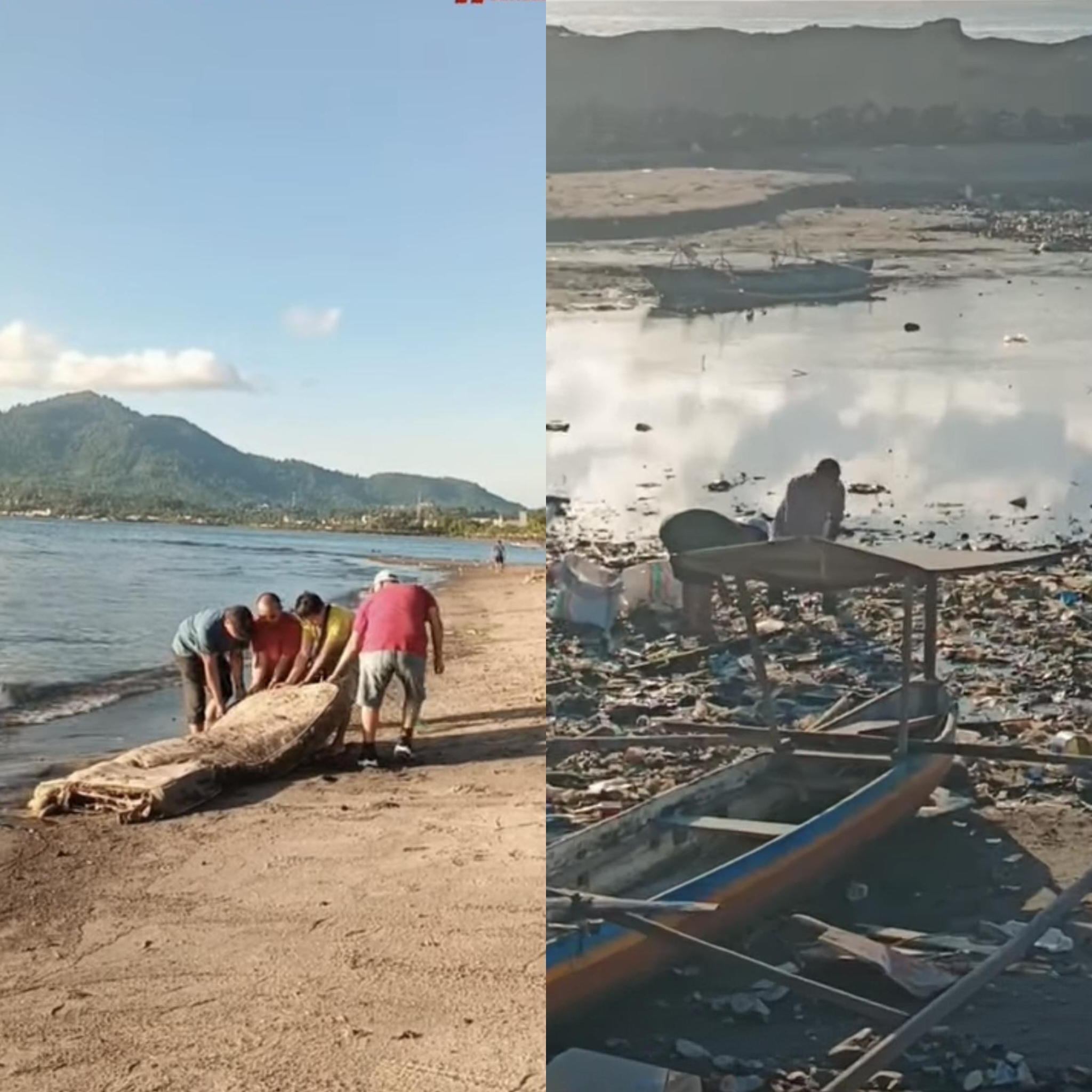Pemandangan sampah yang masih mengghiasi tepi Pantai Manado, tepatnya di area Daseng, Kelurahan Sindulang Satu. Nampak juga pemerintah dan warga setempat mengangkat sebuah sampah kasur