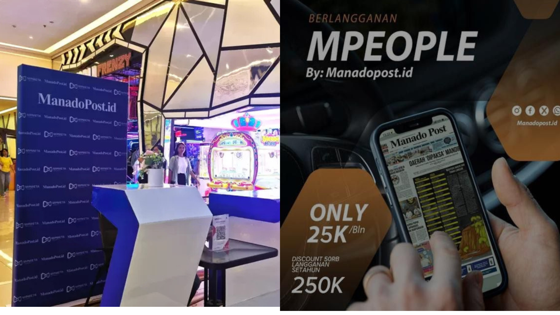 Booth Manado Post yang telah dilangsungkan undian berhadiah (kiri), flyer untuk berlangganan mpeople. Diskon 50rb untuk langganan 1 tahun (kanan).