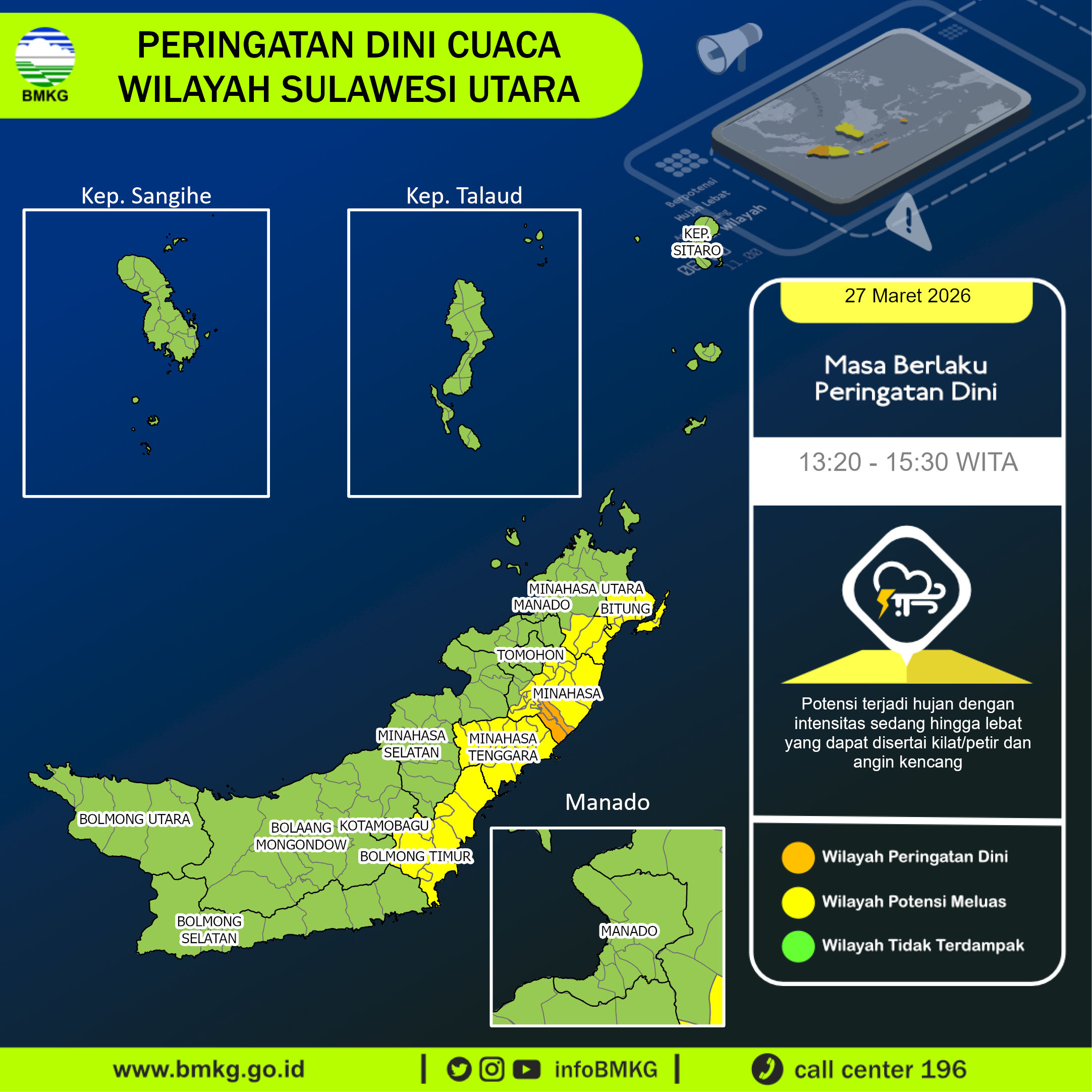 Peringatan Dini Cuaca Wilayah Sulawesi Utara, Jumat 27 Maret 2026
