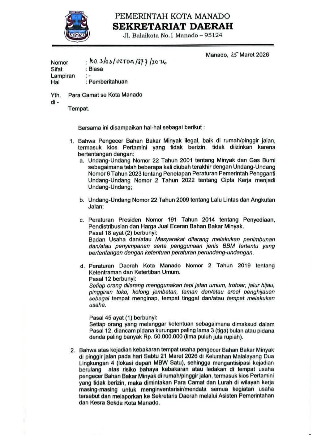 Surat yang dikeluarkan Pemkot Manado