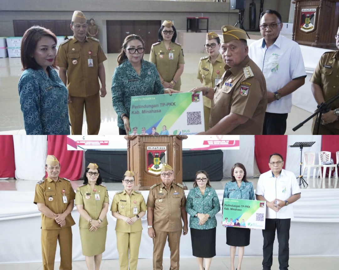 SERAHKAN: Bupati Robby Dondokambey menyerahkan kartu BPJS TK secara simbolis kepada Ketua TP PKK Martina Lengkong disaksikan Kepala BPJS TK Tondano, Stephano Liow, Senin (30/3/2026).
