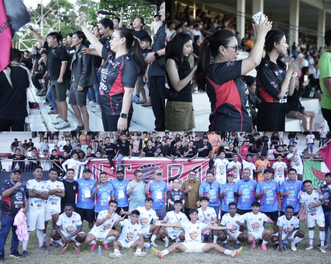 BERI DUKUNGAN: Wabup Vanda Sarundajang nampak begitu semangat memberi dukungan kepada punggawa Persmin Minahasa di Stadion Klabat Manado, Selasa (31/3/2026).