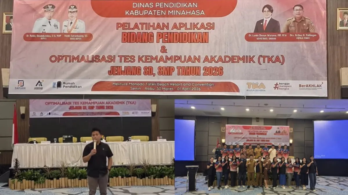 MIRIS: Kepala Bidang Dikdas Dinas Pendidikan Minahasa Landi Wohon saat memipin Pelatihan TKA di Hotel Mercure.