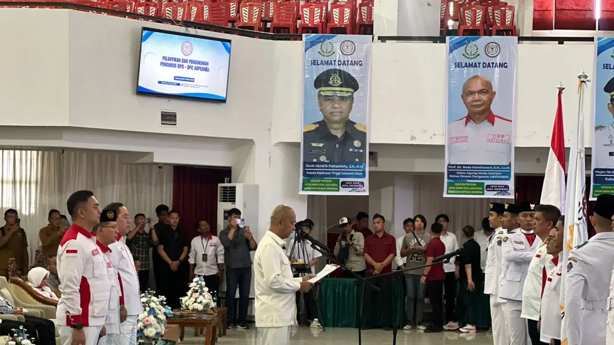 Pengukuhan pengurus ABPEDNAS Provinsi Sulawesi Utara di Auditorium Unsrat Prof Soemitro Djodjohadikoesoemo, Selasa (7/04/2026), oleh Jaksa Agung Muda Intelijen (JAMIntel) Kejagung Reda Manthovani