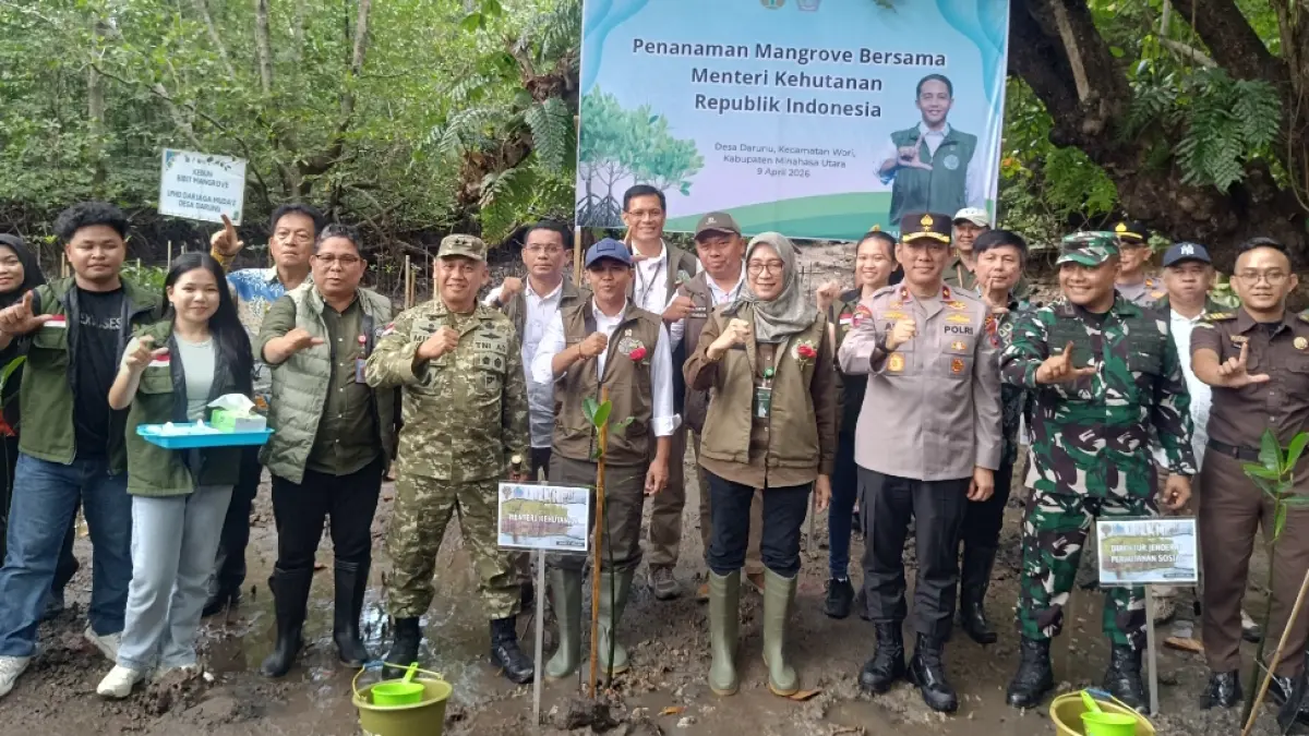 Menteri Kehutanan RI Raja Juli Antoni saat menanam mangrove secara simbolis di Desa Darunu, Kecamatan Wori, Minahasa Utara, Sulut