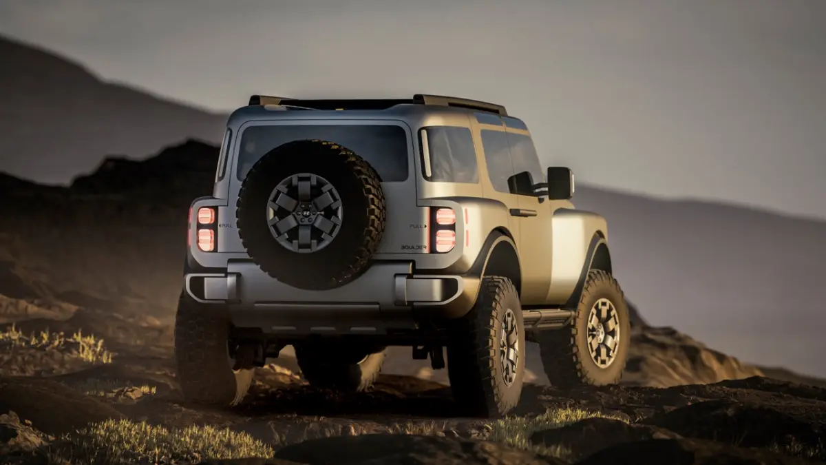 Desain gagah Hyundai Boulder Concept dengan filosofi “Art of Steel” menonjolkan kekuatan, ketangguhan, dan kesiapan menjelajah medan off-road ekstrem.