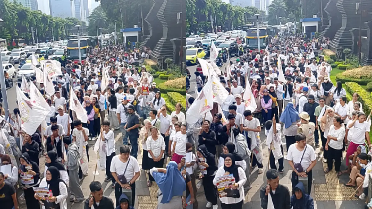Unjuk rasa ribuan petani di Jakarta, Jumat (17/4/2026), mendesak Polri untuk segera menangkap pengamat hukum Feri Amsari.