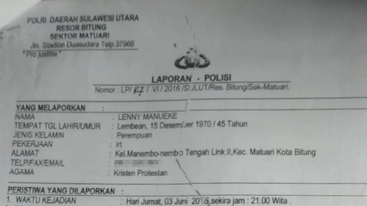 Laporan Polisi Nomor: LP/87/VI/2016/Sulut/Res.Bitung/Sek-Matuari tertanggal 3 Juni 2016.(Dok Istimewa)