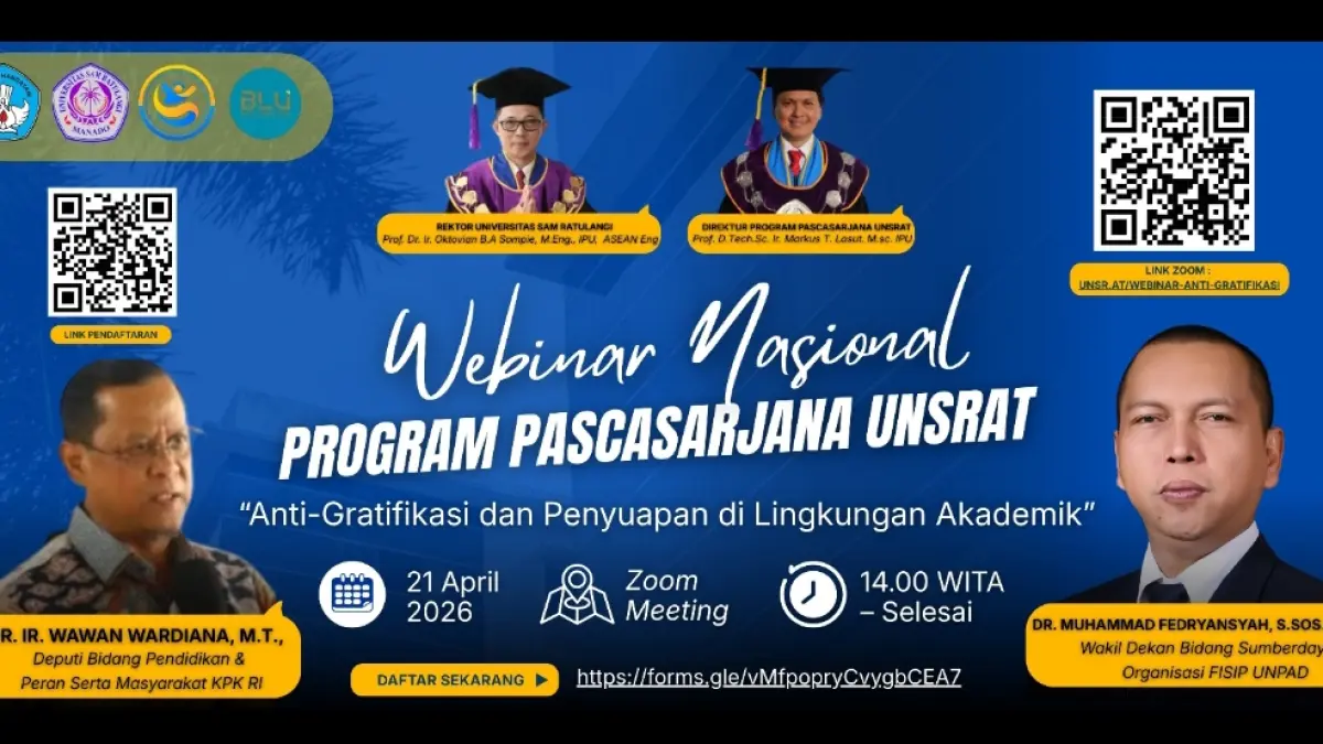 Hari ini Pascasarjana Unsrat Gelar Webinar Nasional Anti Gratifikasi, Hadirkan Pejabat KPK
