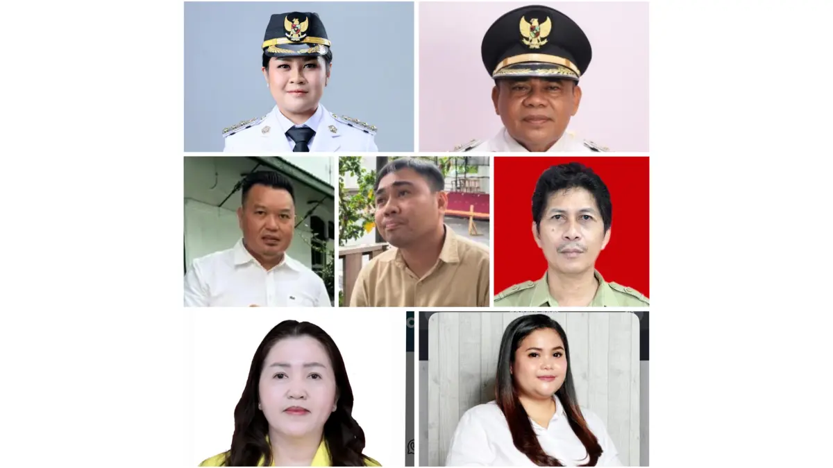 Kolase. Foto atas: Bupati Sitaro Chyntia Ingrid Kalangit, Wabup Heronimus Makainas. Foto tengah: Reynold Tumbio, Efanson Liempepas, Ch Bob Wuaten. Foto bawah: Vanny Tamansa, Titien Marthin.