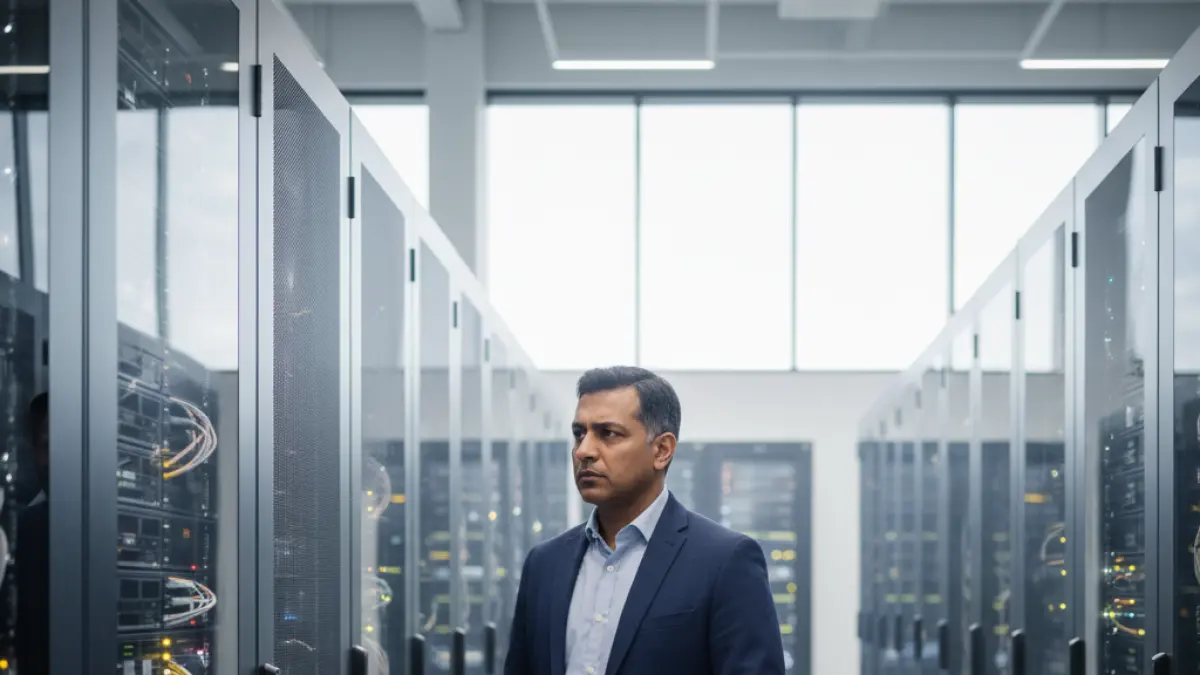 liustrasi Seorang pekerja teknologi berdiri di pusat data modern, menatap rak server yang canggih, menggambarkan pergeseran prioritas Meta dari tenaga kerja manusia ke investasi infrastruktur AI.