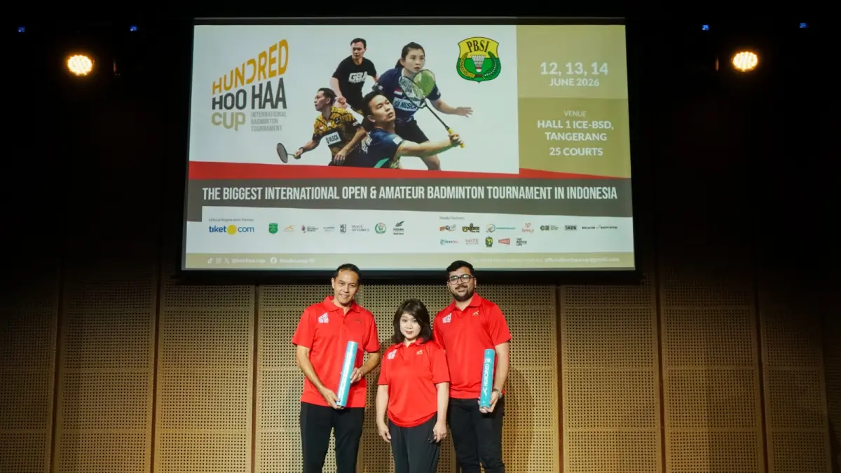 Press Conference HUNDRED HOO HAA CUP 2026: Marlev Mainaky, Marcia Hutagalung, dan Sharan Kumar.
